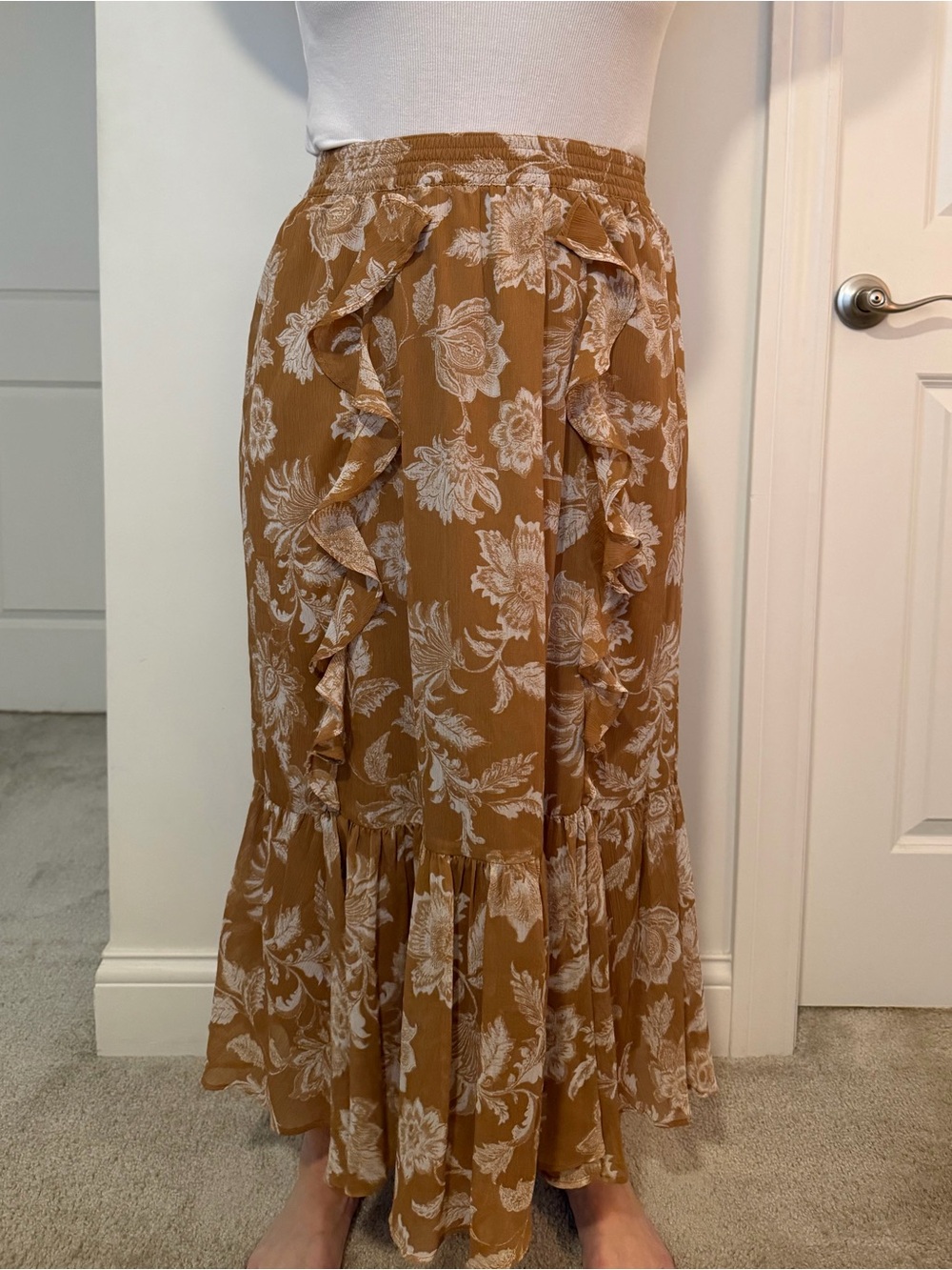 LOFT Camel and White Floral Ruffle Maxi Skirt